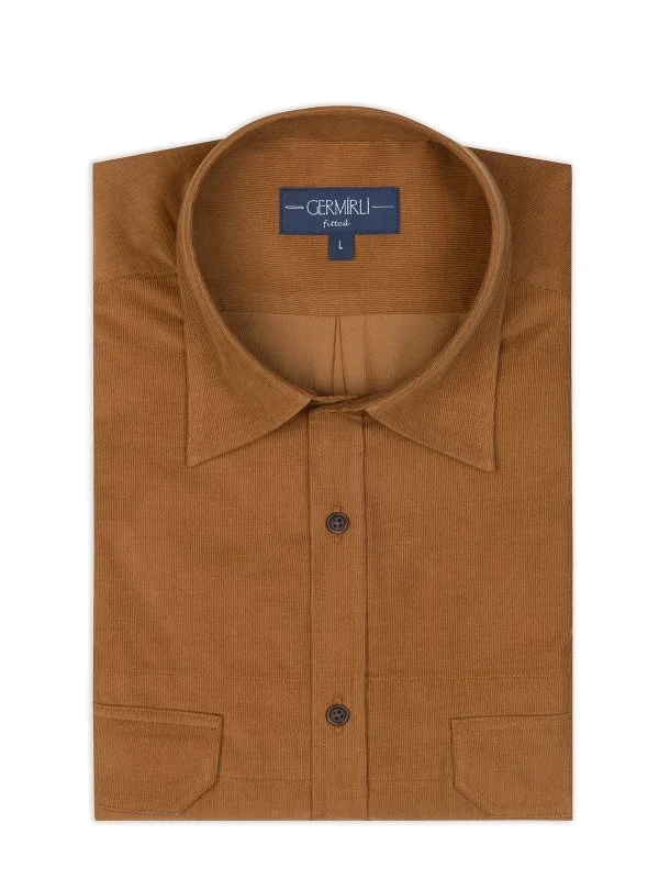 Germirli Camel Rengi İnce Kadife Soft Yaka Albini Tailor Fit Utility Saf Pamuk Gömlek - 2