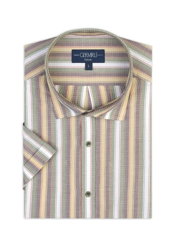 Germirli Çok Renkli Çizgili Tailor Fit Soft Yaka Seersucker Erkek Kısa Kollu Pamuk Gömlek - 3
