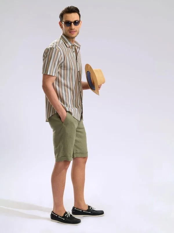 Germirli Çok Renkli Çizgili Tailor Fit Soft Yaka Seersucker Erkek Kısa Kollu Pamuk Gömlek - 6