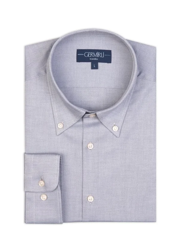 Germirli Gri Düğmeli Yaka Tailor Fit Oxford Non Iron Pamuk Gömlek - 2