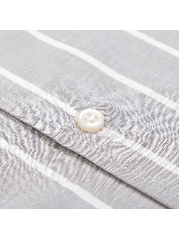 Germirli Gri Kalın Çizgili Nevapas Lapel Yaka Lyocell Keten Gömlek - 3