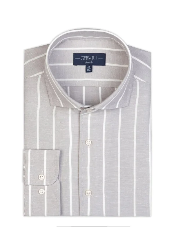 Germirli Gri Kalın Çizgili Nevapas Lapel Yaka Lyocell Keten Gömlek - 2