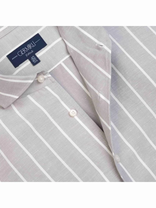 Germirli Gri Kalın Çizgili Nevapas Lapel Yaka Lyocell Keten Gömlek - 1
