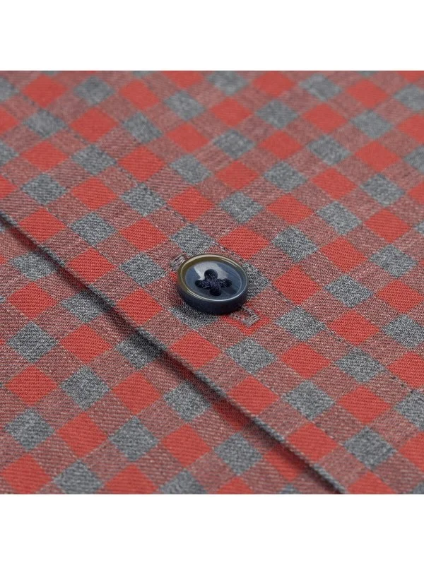Germirli Gri Kırmızı Düğmeli Yaka Albini Tailor Fit Rahat Kalıp Damalı İnce Flanel Gömlek - 4