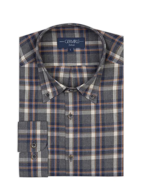Germirli Gri Lacivert Ekoseli Flanel Düğmeli Yaka Tailor Fit Pamuk Gömlek - 1