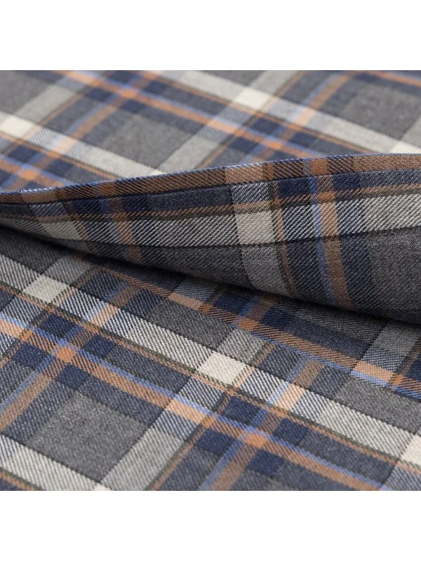 Germirli Gri Lacivert Ekoseli Flanel Düğmeli Yaka Tailor Fit Pamuk Gömlek - 3