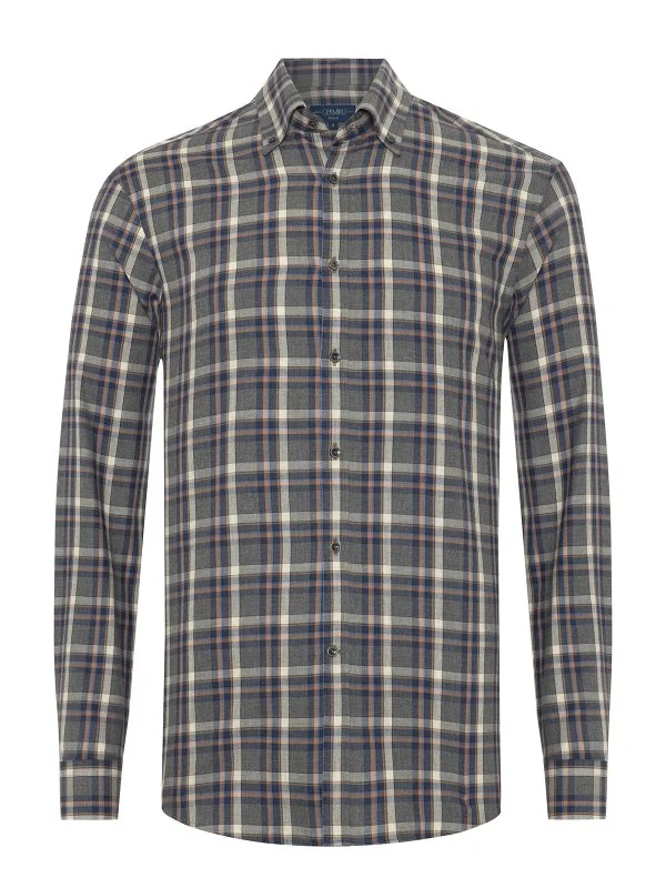 Germirli Gri Lacivert Ekoseli Flanel Düğmeli Yaka Tailor Fit Pamuk Gömlek - 1