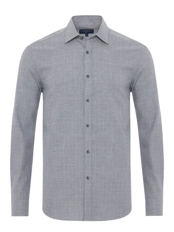Germirli Gri Mavi Balıksırtı Ekose Tailor Fit Rahat Kalıp Soft Yaka İnce Flanel Gömlek - 3
