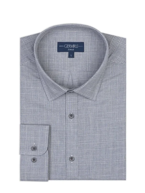 Germirli Gri Mavi Balıksırtı Ekose Tailor Fit Rahat Kalıp Soft Yaka İnce Flanel Gömlek - 1