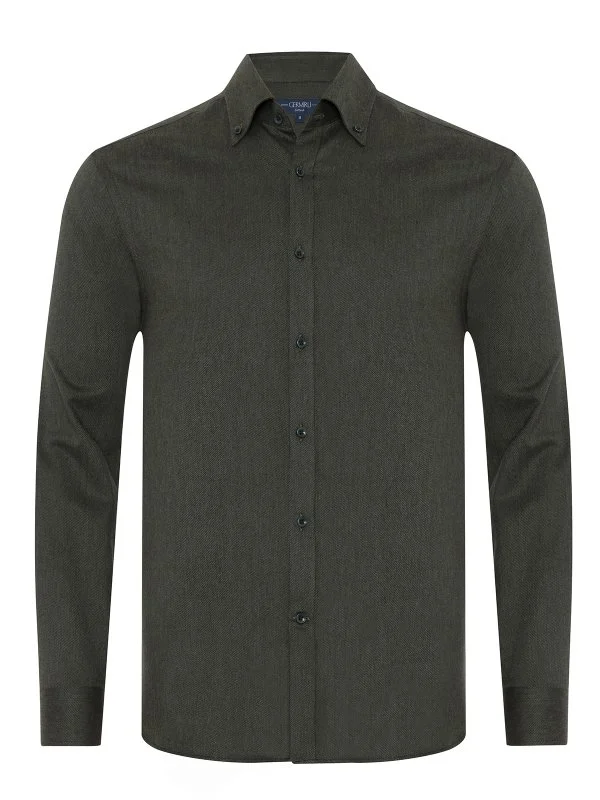 Germirli Haki Tailor Fit Düğmeli Yaka Flanel Gömlek - 1