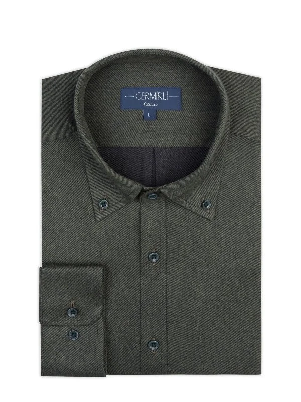 Germirli Haki Tailor Fit Düğmeli Yaka Flanel Gömlek - 2