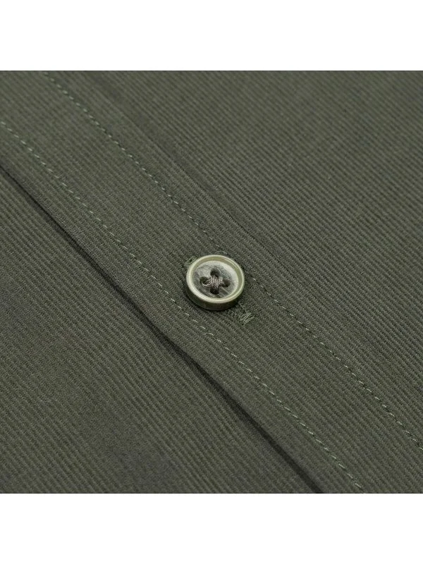 Germirli Haki Yeşili Fitilli Düz Tailor Fit Rahat Kalıp Düğmeli Yaka Albini İnce Kadife Gömlek - 3