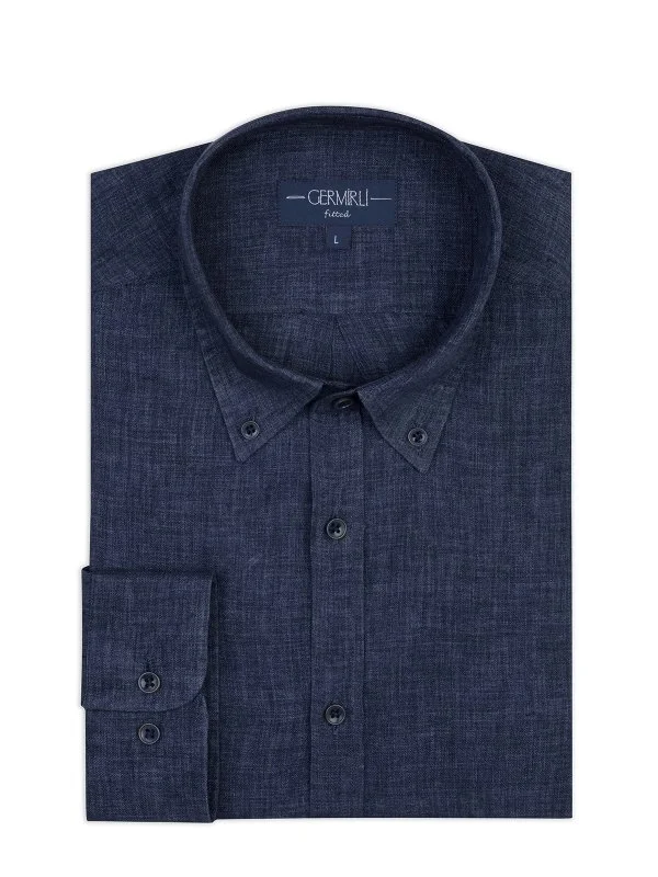 Germirli Indigo Lacivert Delave Keten Düğmeli Yaka Tailor Fit Gömlek - 2