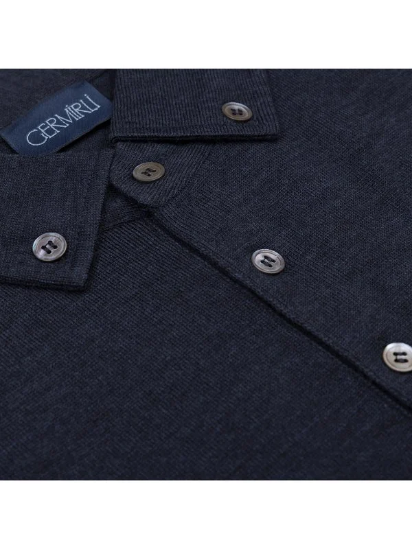 Germirli İndigo Mavi Düğmeli Gömlek Yaka Regular Fit Extra Fine Yün Triko - 2