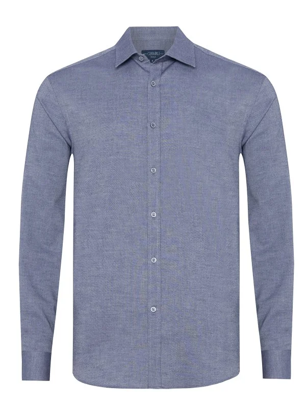 Germirli Indigo Rengi Flanel Tailor Fit Soft Yaka Pamuk Gömlek - 1