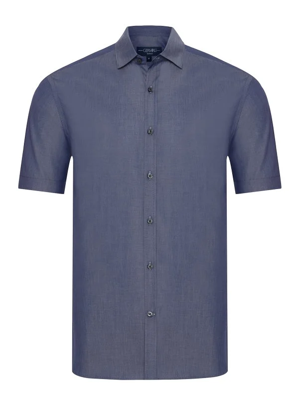Germirli Indigo Soft Yaka Tailor Fit Kısa Kollu Pamuk Gömlek - 1