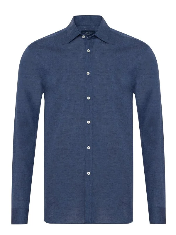 Germirli Indigo Soft Yaka Tailor Fit Pamuk Keten Gömlek - 1