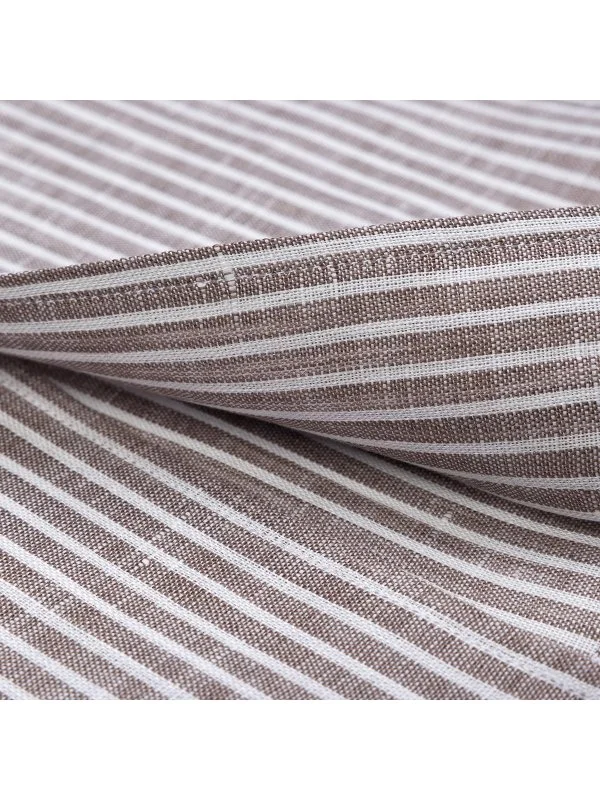 Germirli Kahve Beyaz Çizgili Nevapas Lapel Yaka Keten Gömlek - 4