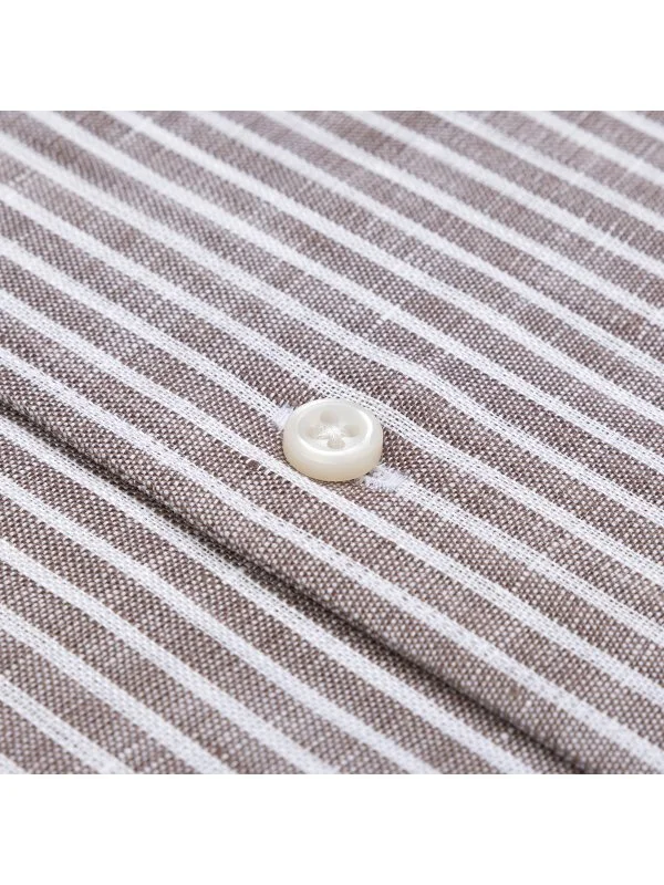 Germirli Kahve Beyaz Çizgili Nevapas Lapel Yaka Keten Gömlek - 3