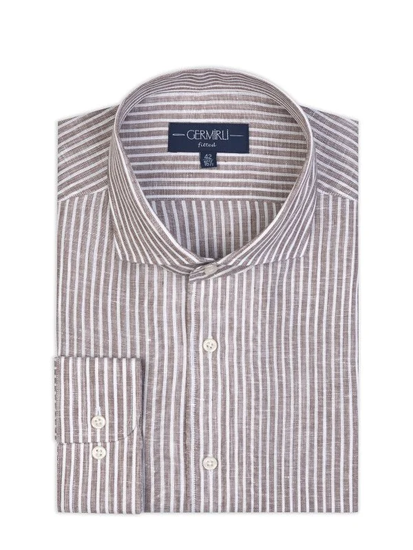 Germirli Kahve Beyaz Çizgili Nevapas Lapel Yaka Keten Gömlek - 2