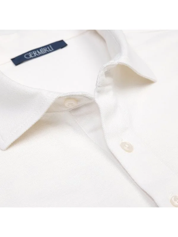 Germirli Kırık Beyaz Piquet Gömlek Yaka Regular Fit Merserize Pamuk İpek Tişört - 2