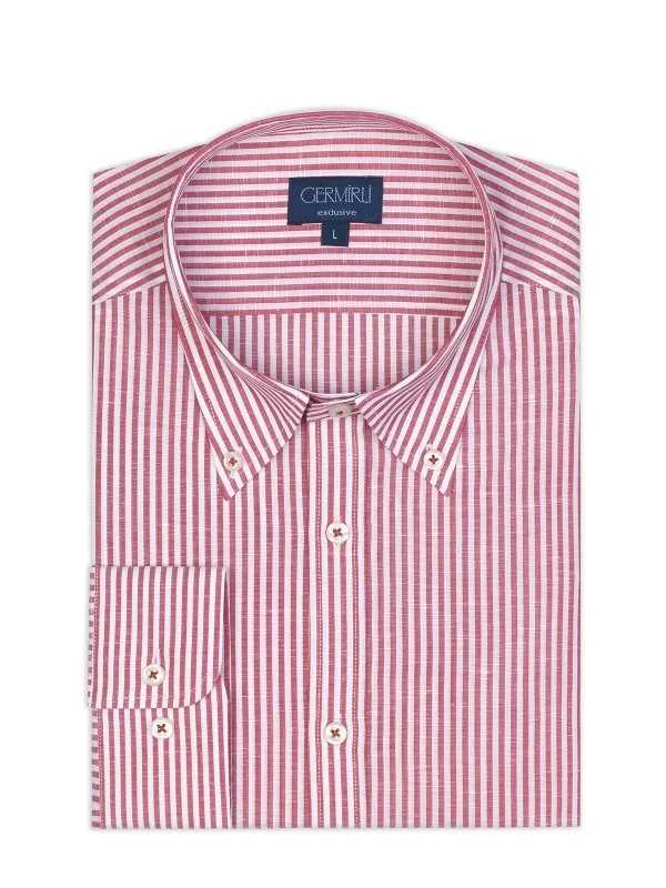 Germirli Kırmızı Beyaz Çizgili Düğmeli Yaka Pamuk Keten Tailor Fit Exclusive Gömlek - 2