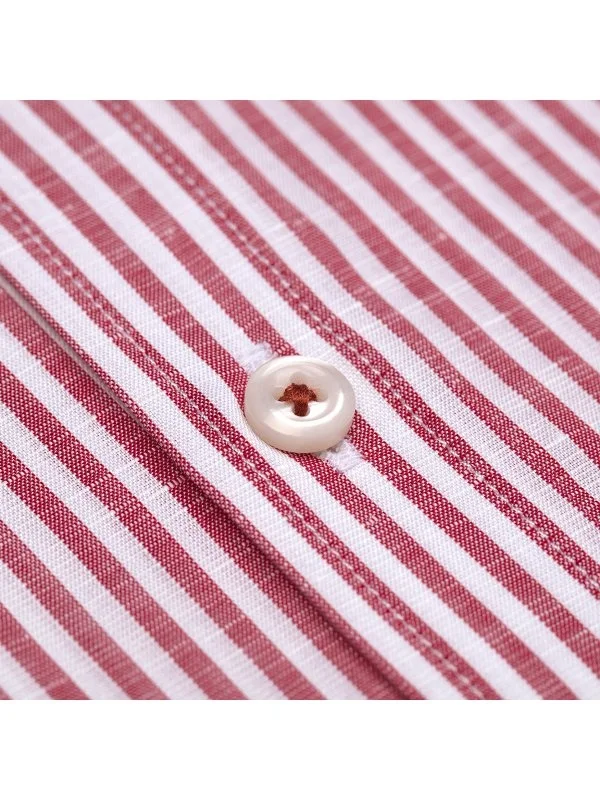 Germirli Kırmızı Beyaz Çizgili Düğmeli Yaka Pamuk Keten Tailor Fit Exclusive Gömlek - 3