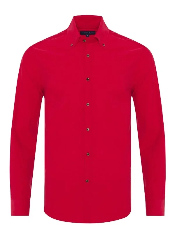 Germirli Kırmızı Düğmeli Yaka Tailor Fit Flanel Kadife Gömlek - 1