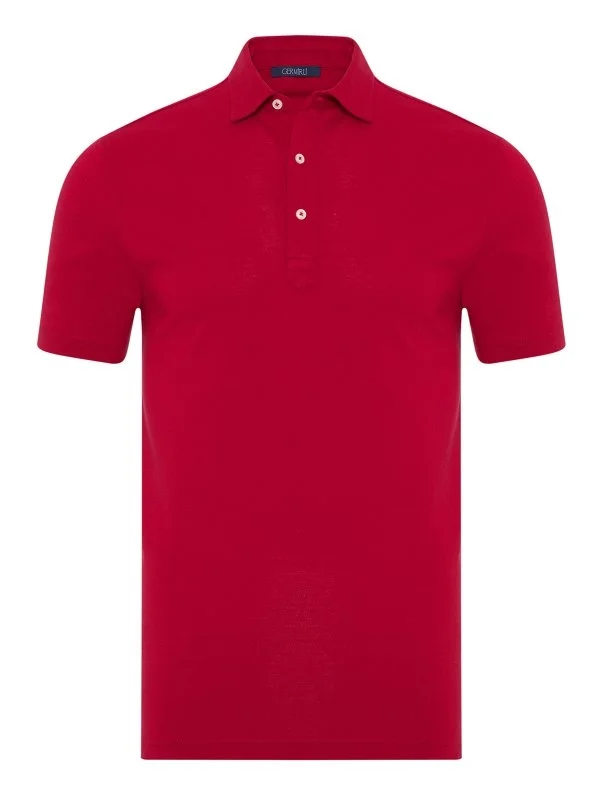 Germirli Kırmızı Piquet Gömlek Yaka Regular Fit Merserize Tişört - 1
