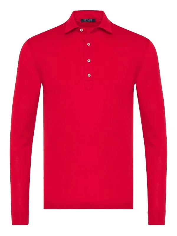 Germirli Kırmızı Piquet Gömlek Yaka Regular Fit Merserize Uzun Kollu Tişört - 1