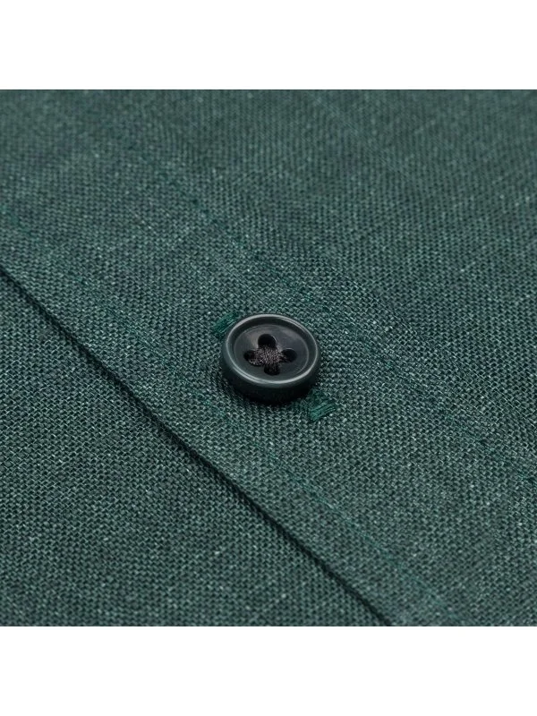 Germirli Koyu Yeşil Düğmeli Yaka Tailor Fit Delave Keten Gömlek - 3