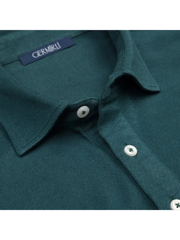 Germirli Koyu Yeşil Piquet Gömlek Yaka Regular Fit Merserize Pamuk Tencel Tişört - 2