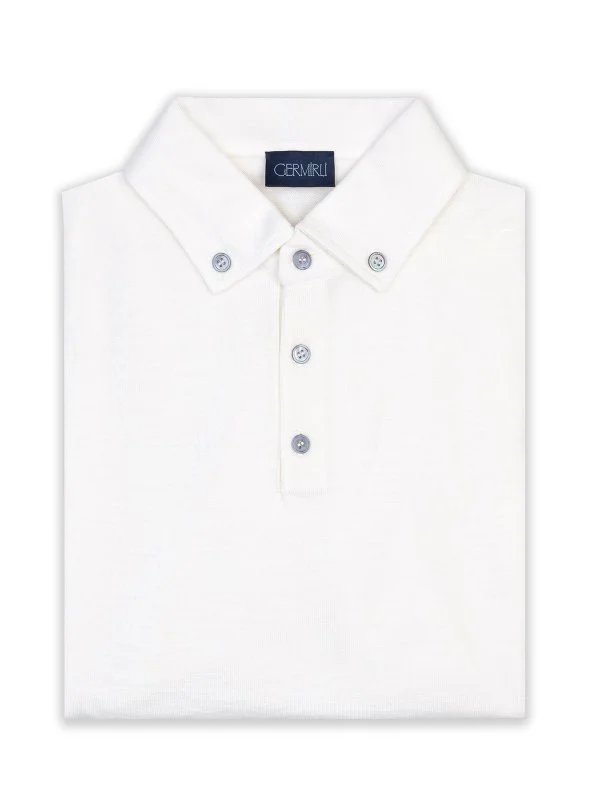 Germirli Krem Rengi Düğmeli Gömlek Yaka Regular Fit Extra Fine Yün Triko - 1