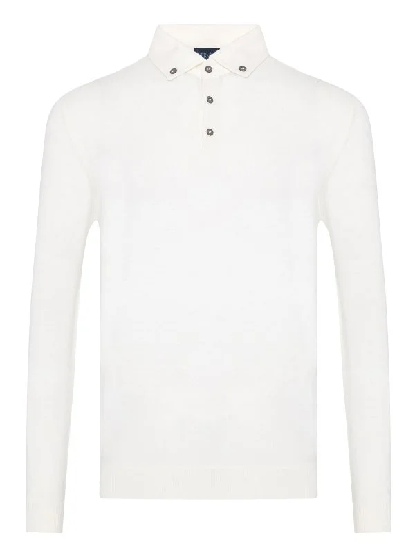 Germirli Krem Rengi Düğmeli Gömlek Yaka Regular Fit Extra Fine Yün Triko - 1