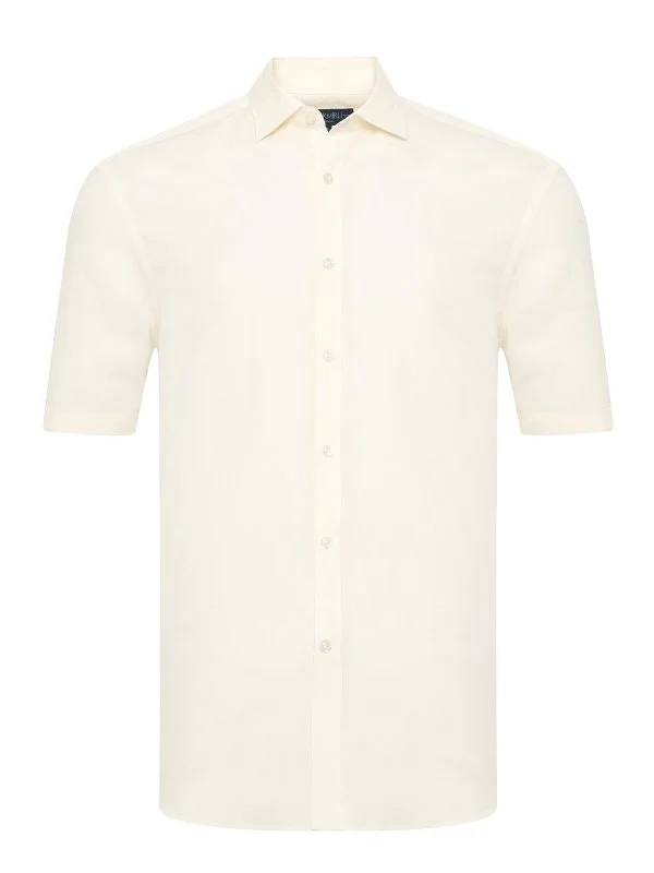 Germirli Krem Rengi Soft Yaka Tailor Fit Kısa Kol Tencel Keten Gömlek - 1