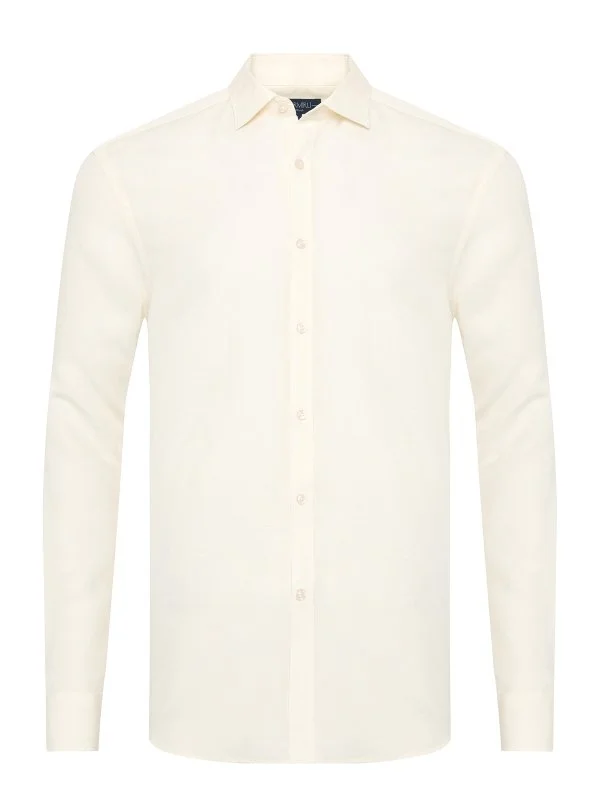 Germirli Krem Rengi Soft Yaka Tailor Fit Tencel Keten Gömlek - 1
