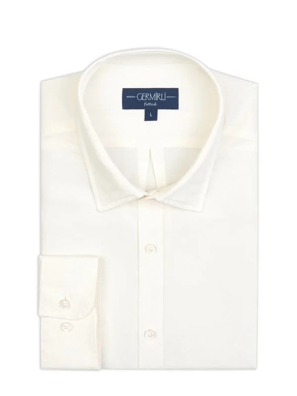 Germirli Krem Rengi Soft Yaka Tailor Fit Tencel Keten Gömlek - 2
