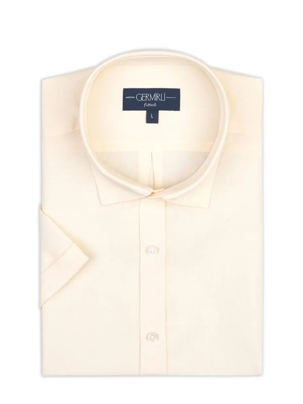Germirli Krem Rengi Tailor Fit Soft Yaka Lyocell Keten Kısa Kollu Erkek Gömlek - 2
