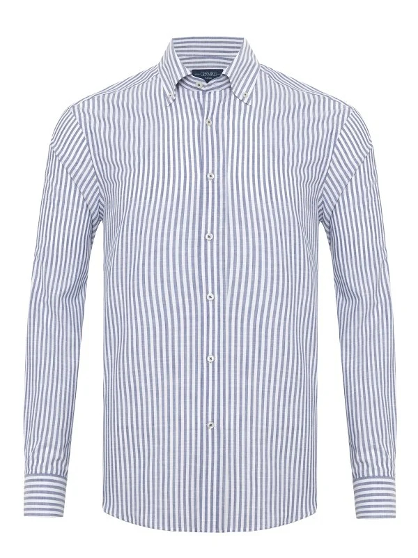 Germirli Lacivert Beyaz Çizgili Albiate Düğmeli Yaka Tailor Fit İnce Pamuk Gömlek - 1