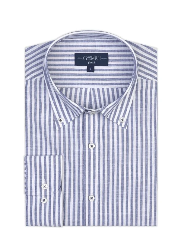 Germirli Lacivert Beyaz Çizgili Albiate Düğmeli Yaka Tailor Fit İnce Pamuk Gömlek - 2