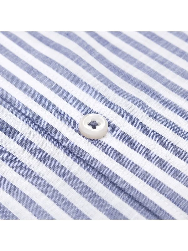 Germirli Lacivert Beyaz Çizgili Albiate Düğmeli Yaka Tailor Fit İnce Pamuk Gömlek - 3