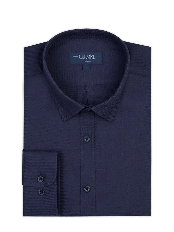 Germirli Lacivert Diagonal Desen Flanel Tailor Fit Soft Yaka Pamuk Gömlek - 1