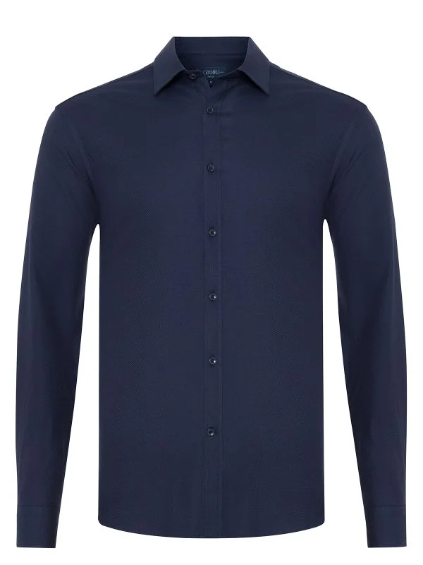 Germirli Lacivert Diagonal Desen Flanel Tailor Fit Soft Yaka Pamuk Gömlek - 1