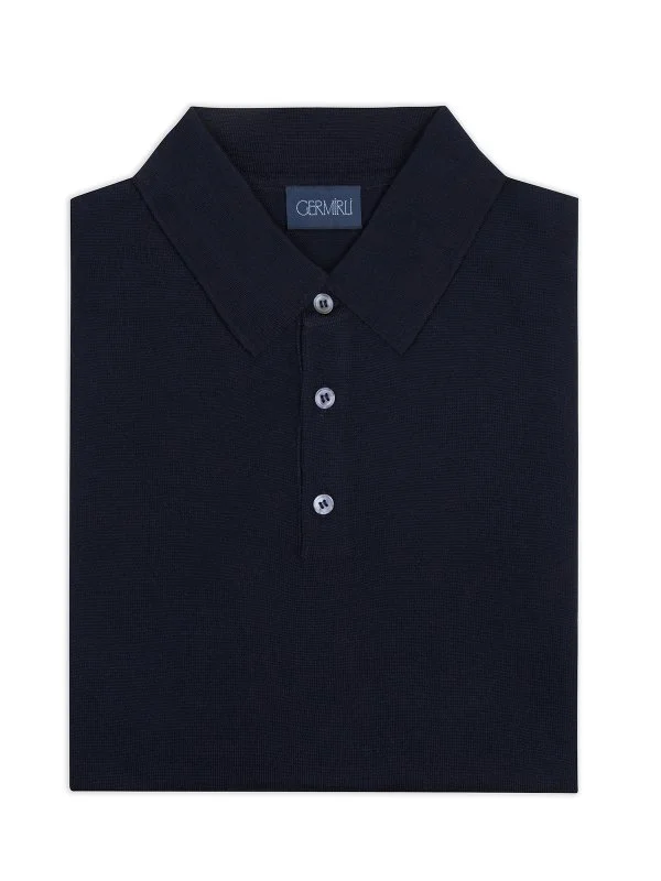 Germirli Lacivert Düğmeli Polo Yaka Regular Fit Extra Fine Yün Erkek Triko - 2