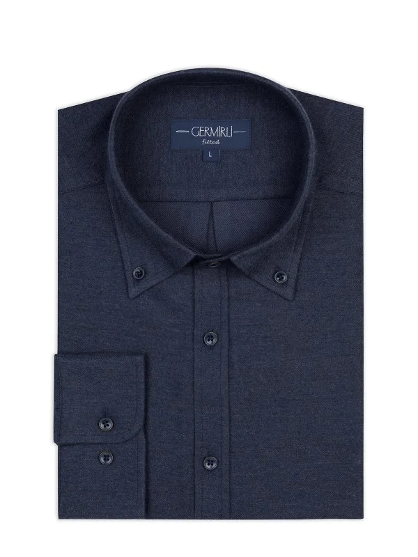 Germirli Lacivert Flanel Düğmeli Yaka Tailor Fit Pamuk Gömlek - 1