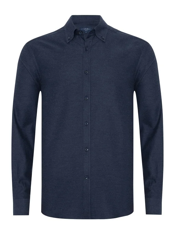 Germirli Lacivert Flanel Düğmeli Yaka Tailor Fit Pamuk Gömlek - 1