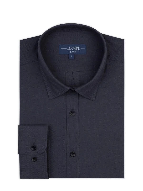Germirli Lacivert Flanel Tailor Fit Soft Yaka Pamuk Yün Gömlek - 1