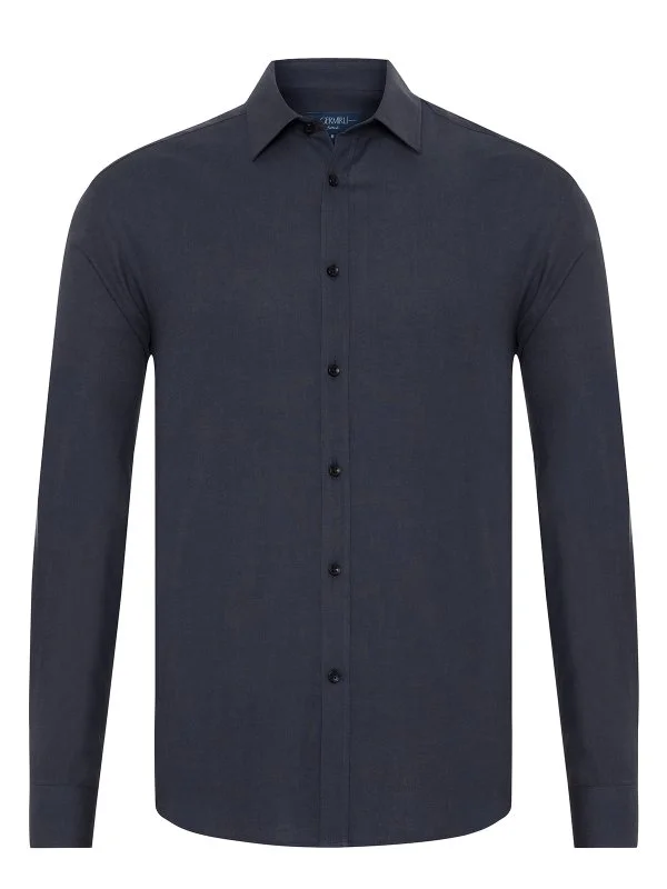 Germirli Lacivert Flanel Tailor Fit Soft Yaka Pamuk Yün Gömlek - 1