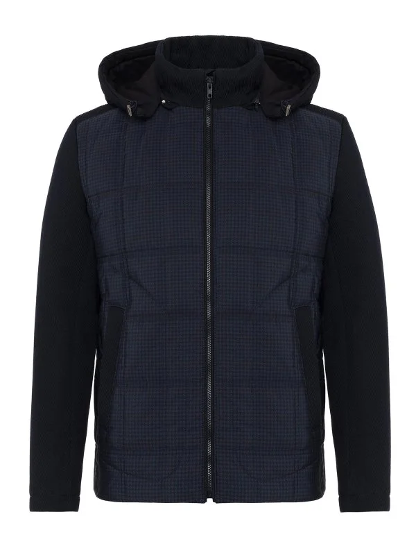 Germirli Lacivert Glencheck Desenli Kapişonlu Triko Kollu Mont - 1