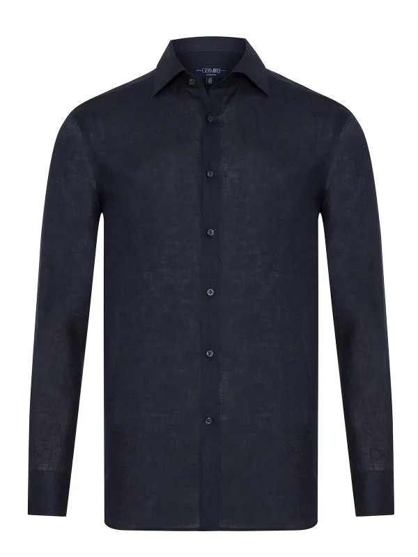 Germirli Lacivert Klasik Yaka Exclusive Tailor Fit Saf Keten Gömlek - 1